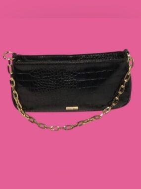 ALDO Shiny Black Croc Faux Leather Shoulder Bag w/Chunky Gold Chain Handle